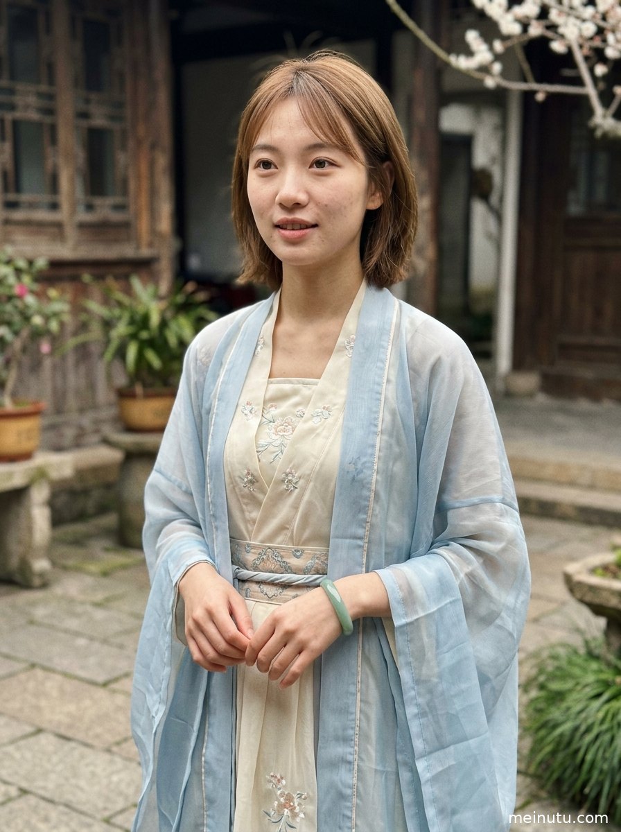 年轻成年女性着飘逸汉服回望镜头，背景明亮干净，呈现国风写真壁纸质感。