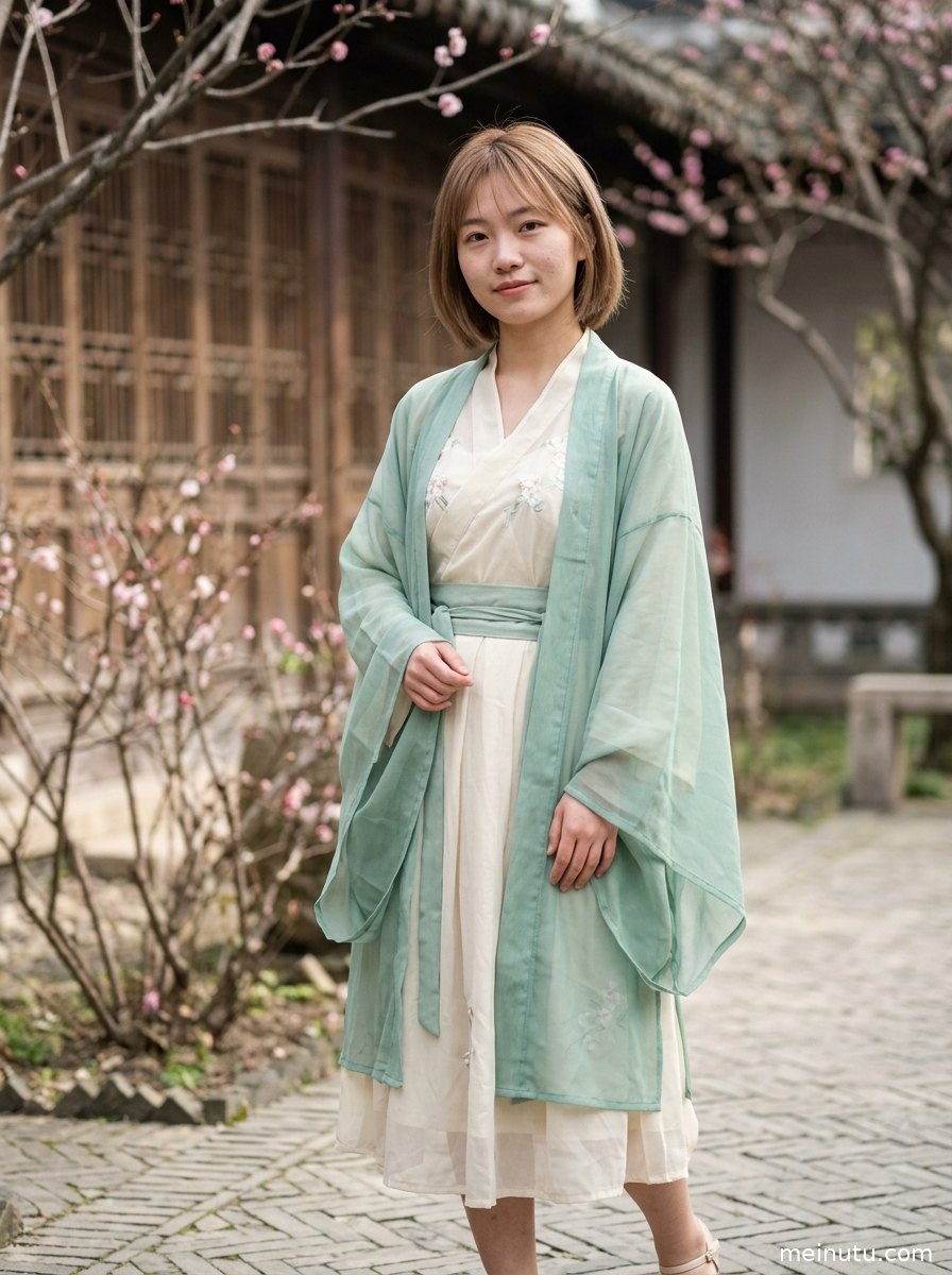 古装美女置身清晨光影场景，轻纱衣摆与柔和肤光营造雅致汉服写真画面。