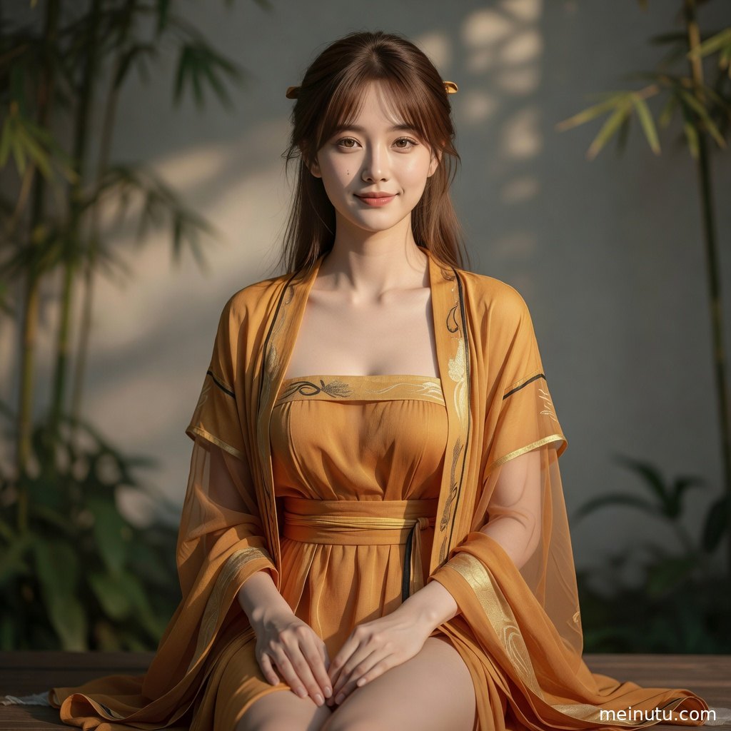 年轻成年女性演绎汉服女装古装写真，明亮日光勾勒面部轮廓与清透肤色。