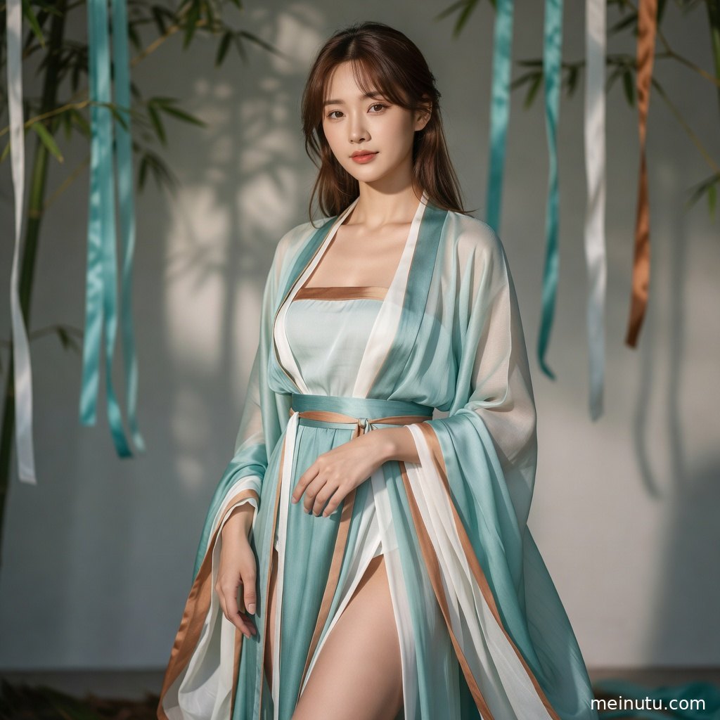 古装美女在花园场景中回眸入镜，半身构图突出汉服层次、发簪细节与柔和高光。