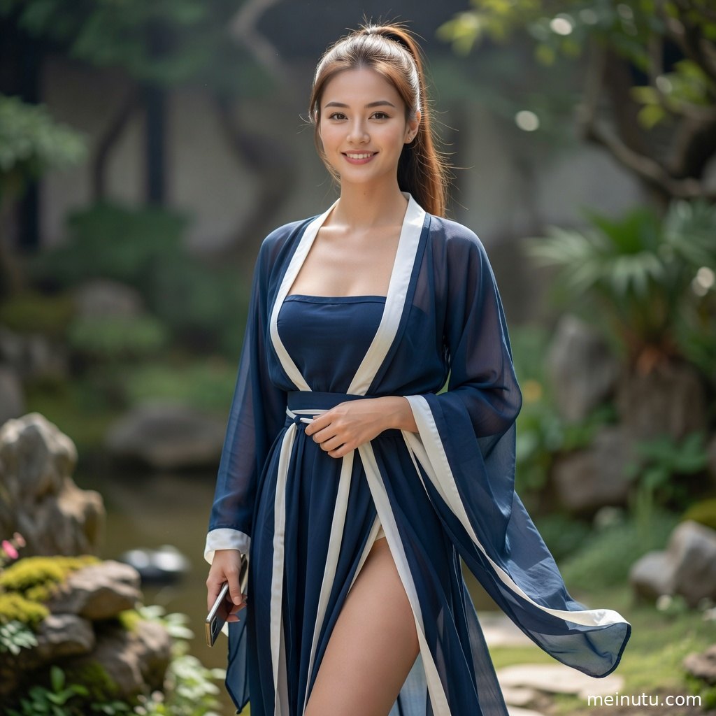 年轻成年女性身穿浅色汉服立于花园花影中，半身构图突出清透高光与温柔古风写真质感。