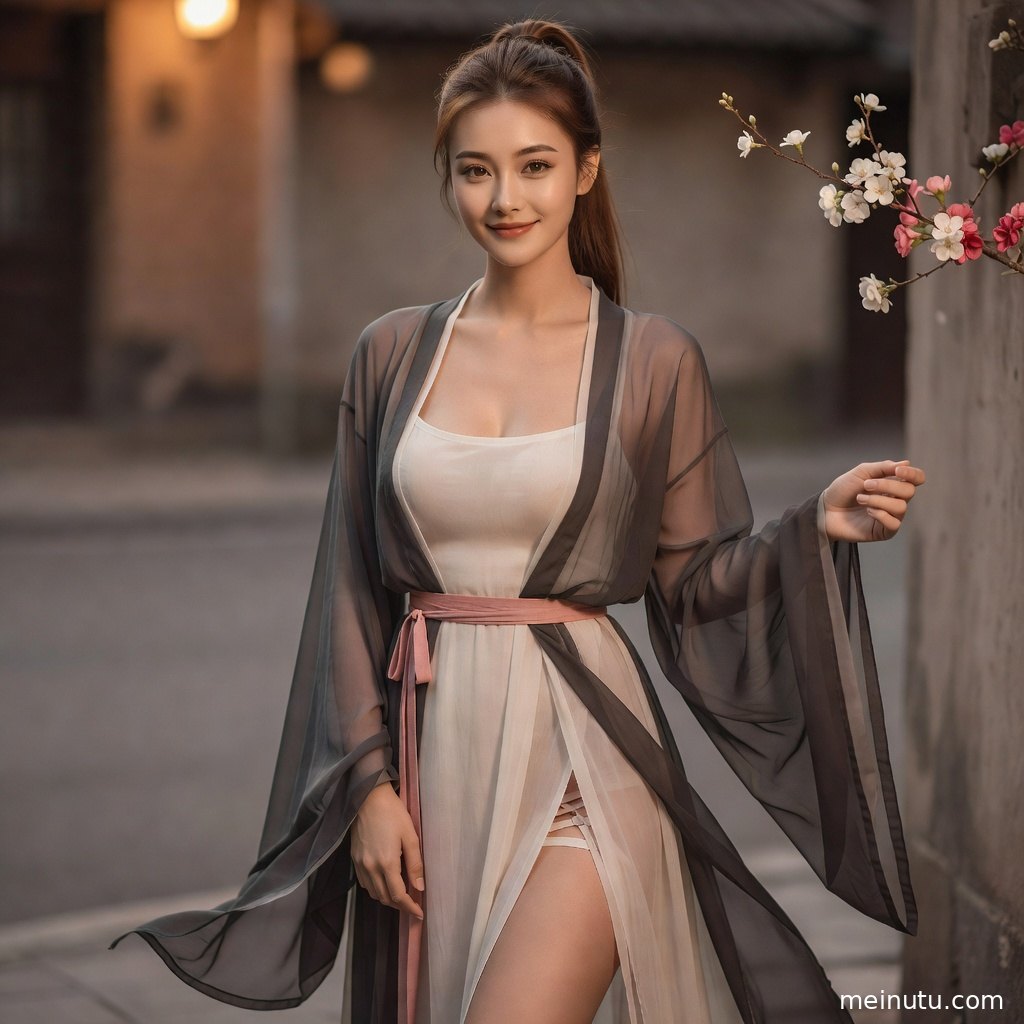 年轻成年女性身着传统汉服女装古装，半身近景呈现花园光影、细腻妆发与高清写真画质。