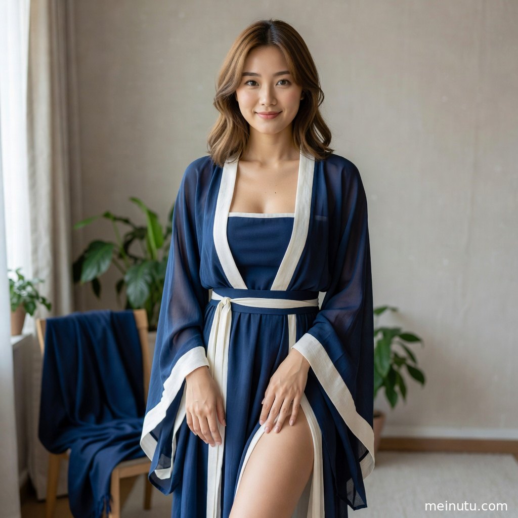 汉服摄影工作室内的半身构图写真，素净背景衬托成年女子的清雅妆容与传统衣纹。
