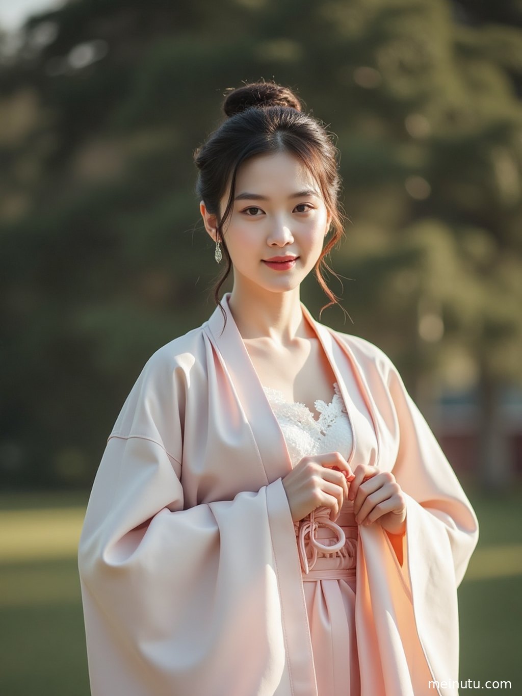 Adult Asian woman in ornate Chinese hanfu posing in warm sunset side light, captured in a full-body portrait composition.