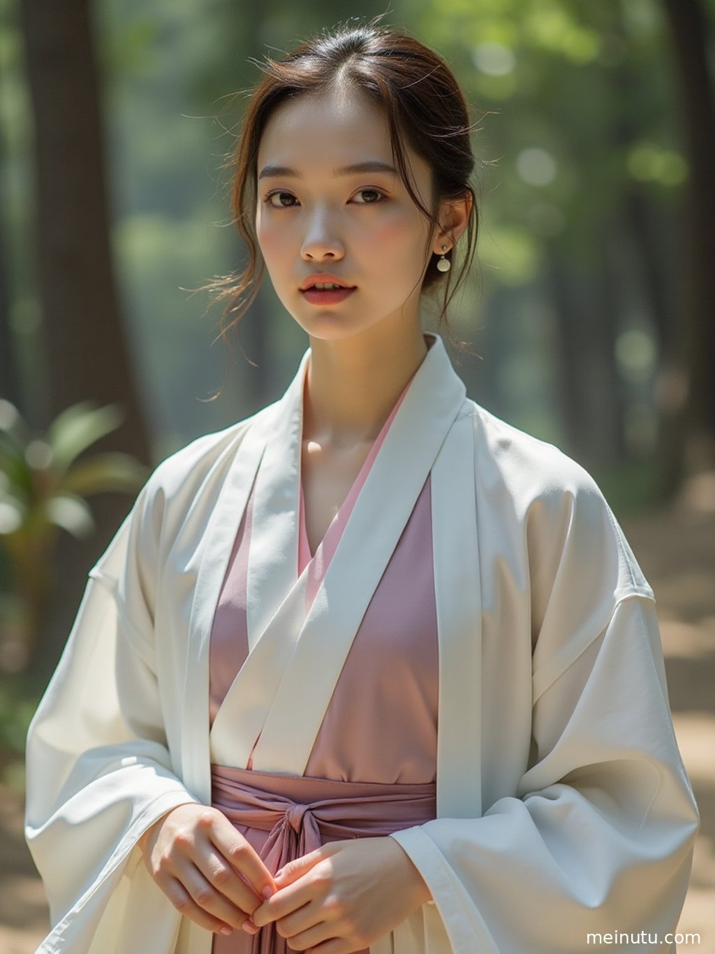 Golden evening light falls across flowing hanfu fabric, creating a poetic silhouette with elegant traditional Chinese dress details.