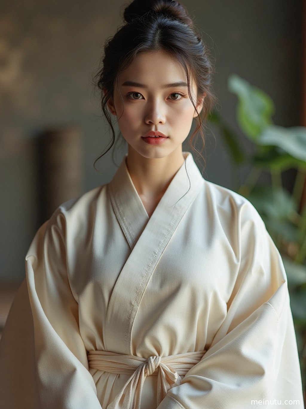 Adult woman turns slightly in a graceful hanfu pose, blending soft golden-hour lighting with a refined classical aesthetic.