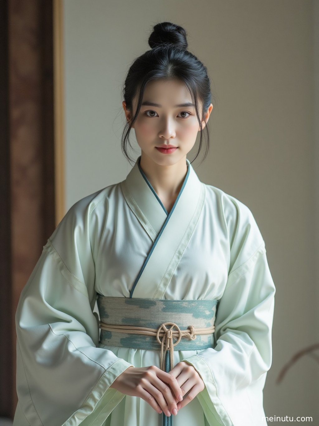 Wide full-body portrait of an Asian model in chinese hanfu, framed with sunset scenery and a dreamy ancient-style mood.