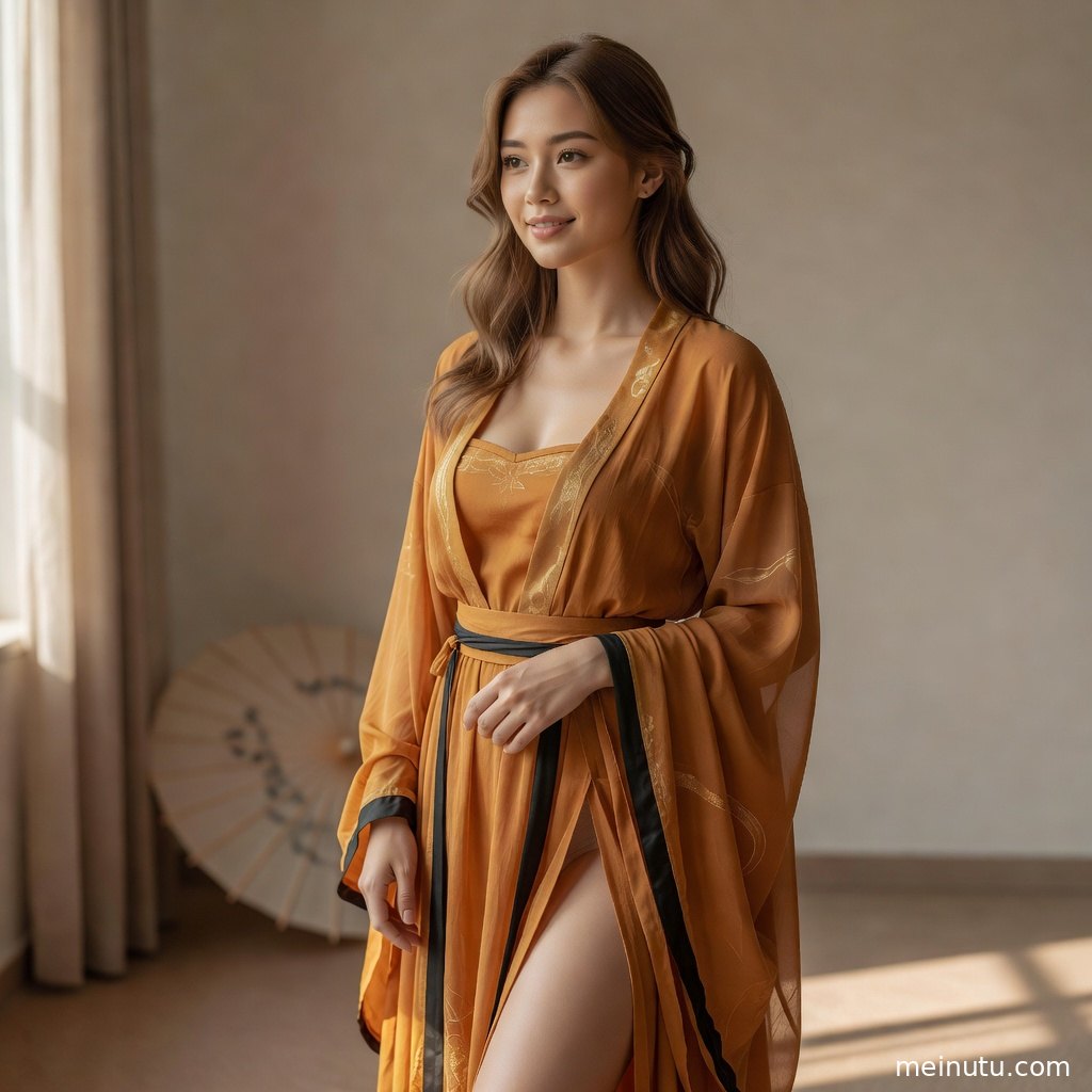 成年女性在柔和自然光下侧身回眸，展现汉服摄影文案 晨光 暖色侧光的场景层次与光影。