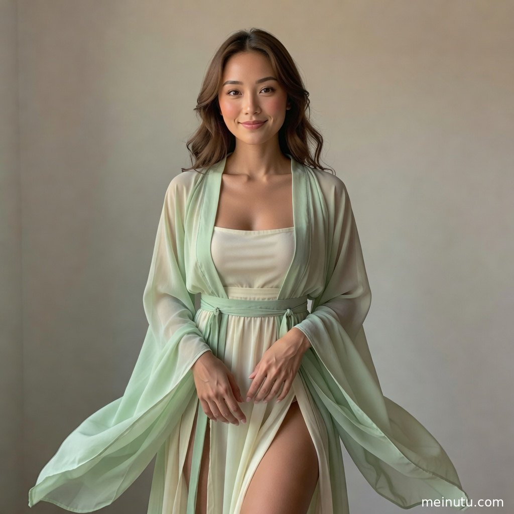 成年女性置身主题场景中，画面强调汉服摄影文案 晨光 暖色侧光的柔和光线与高清画质。