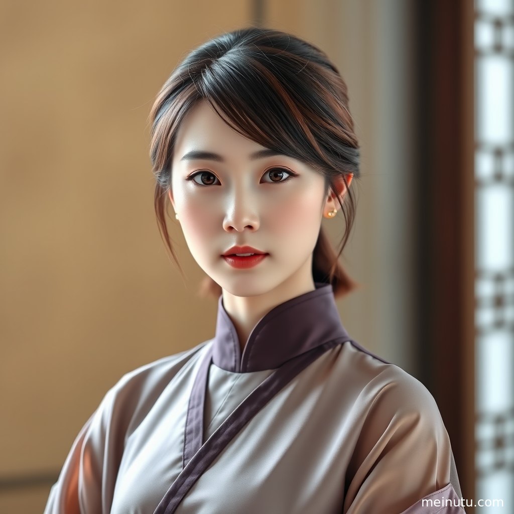 成年女性在柔和自然光下侧身回眸，展现汉服是不是古装 街拍 阴天漫射光的场景层次与光影。
