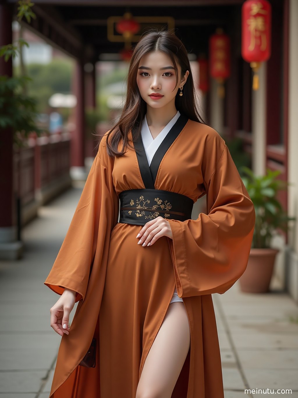 Adult asian woman in Song-style chinese hanfu standing in a retro corridor with clear highlight lighting and a gentle elegant mood.