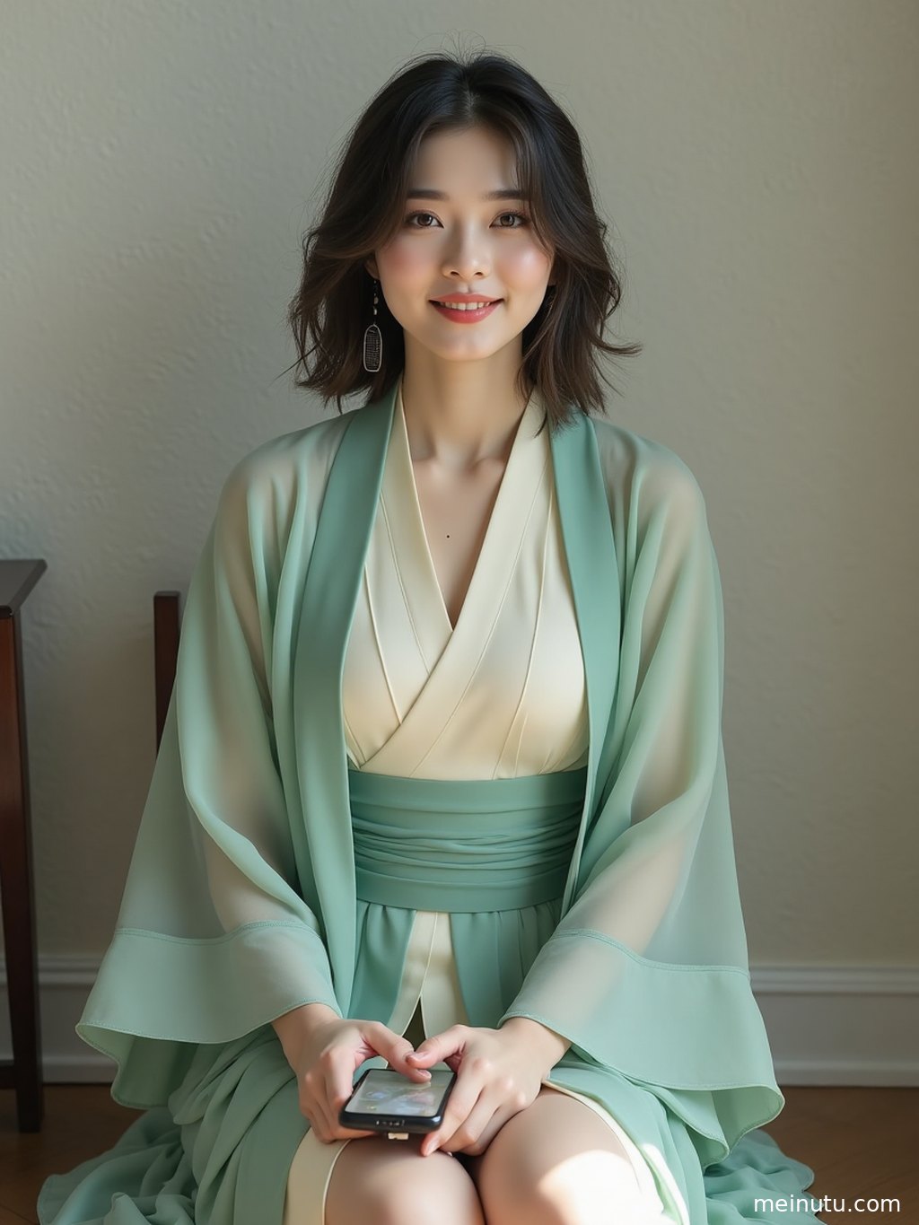 Hanfu photoshoot portrait of an adult asian model beside a vintage corridor wall, with soft shadows outlining the traditional dress.