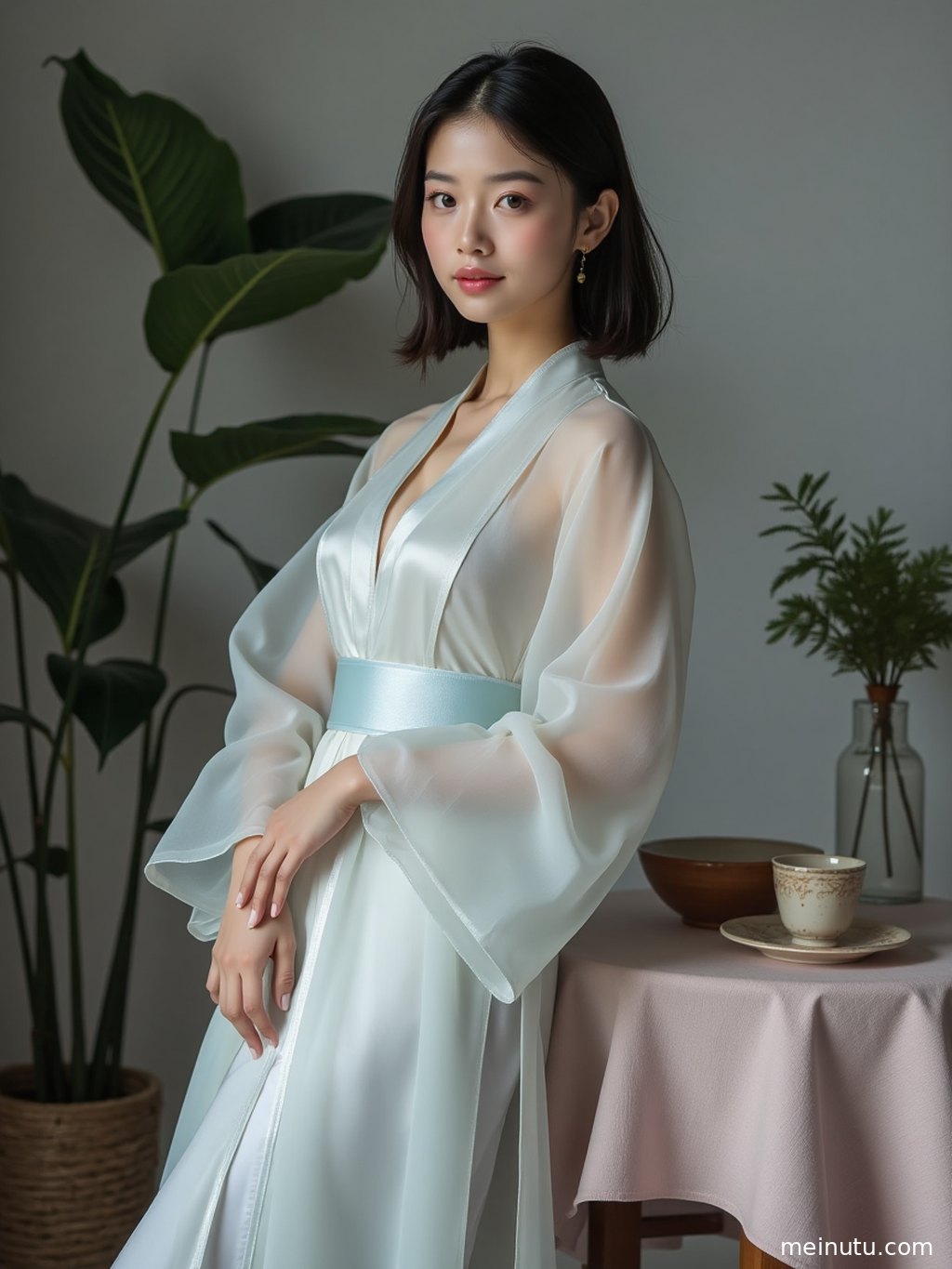 Full-body chinese traditional dress image showing Song-style hanfu details against an atmospheric retro corridor background.