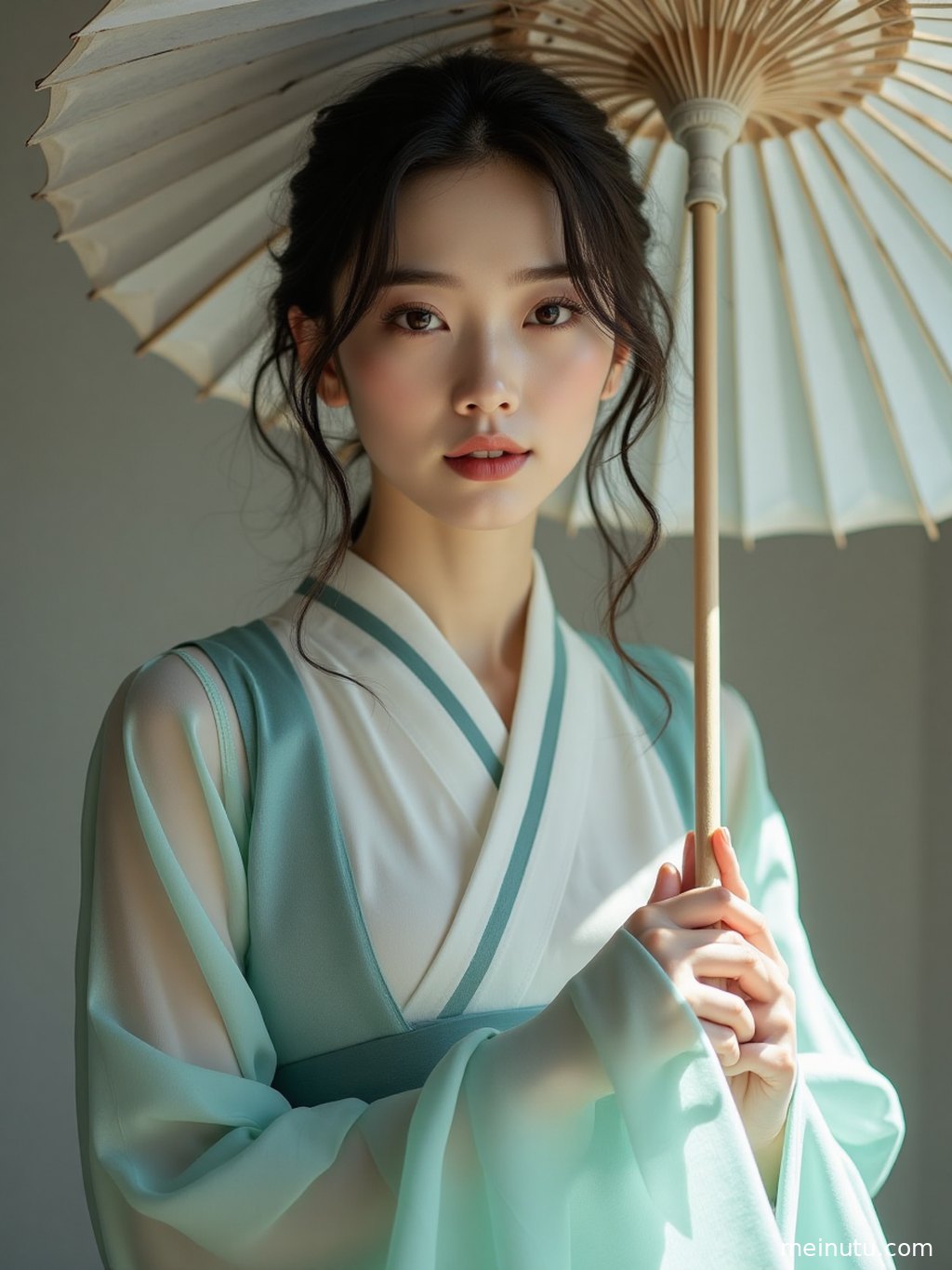 Close portrait of an adult asian woman in chinese hanfu, framed with rule-of-thirds composition and a fresh graceful expression.