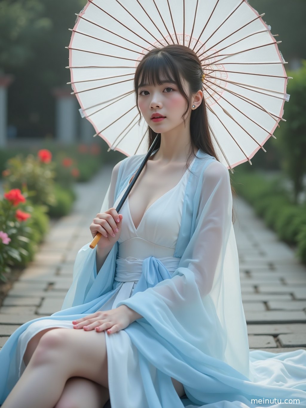 Adult Asian woman wearing Tang-style Chinese hanfu in a minimal studio, softly lit by natural light.