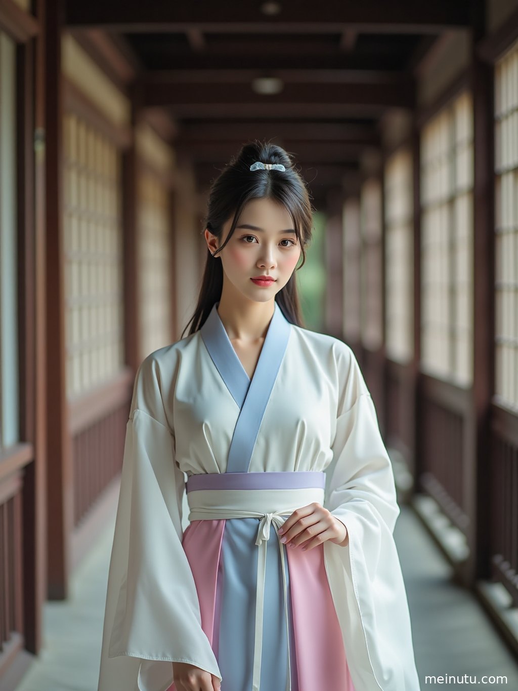 Minimal hanfu photoshoot portrait with balanced negative space and a calm classical mood.