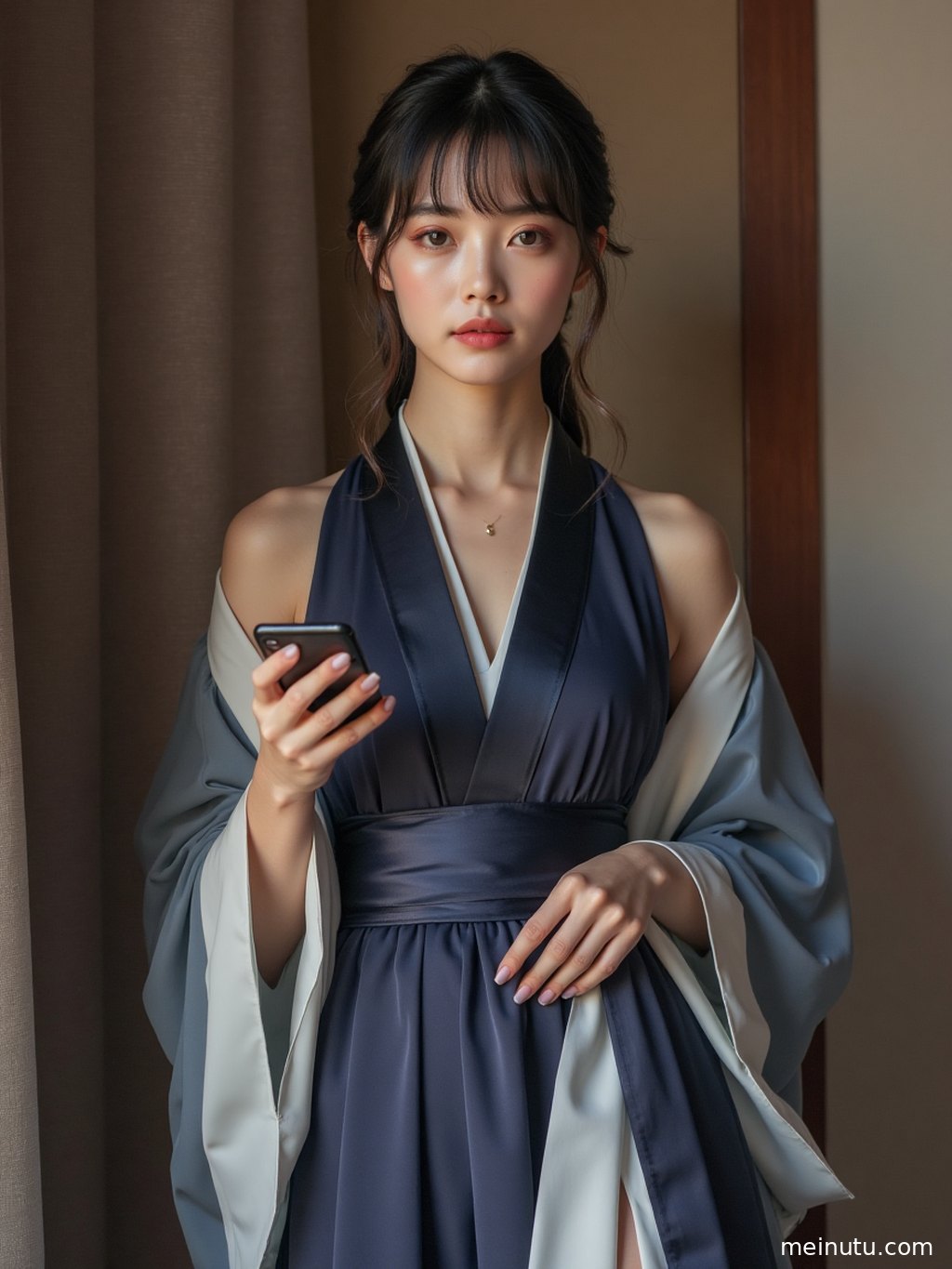Natural light outlining the flowing layers of Tang-style hanfu on an adult Asian model.