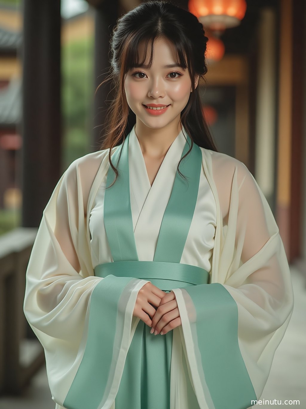 Adult asian model in Tang-style hanfu posed with rule-of-thirds composition, calm side profile, and elegant studio lighting.
