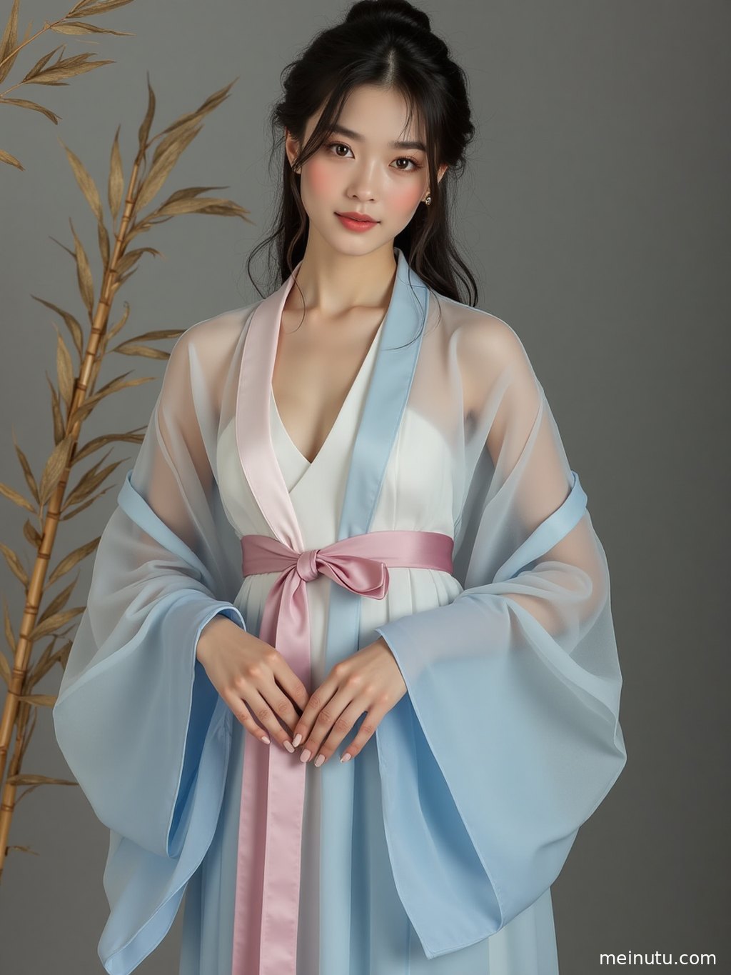 Minimal natural-light hanfu photoshoot featuring Tang-style chinese hanfu, clean studio styling, and classical East Asian charm.