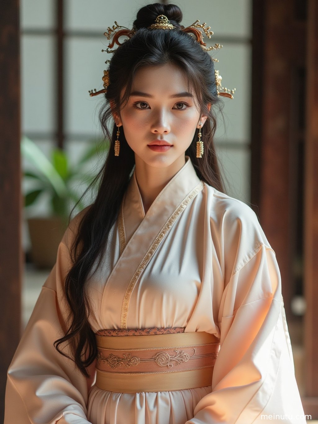 Adult Asian woman wearing refined Chinese hanfu, shown in a soft morning side-profile portrait with calm expression.