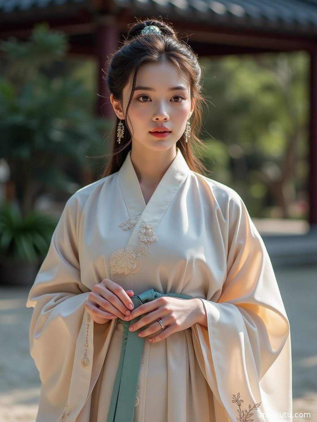Close-up of traditional Chinese dress details, highlighting embroidery, silky fabric texture, and elegant hanfu styling.