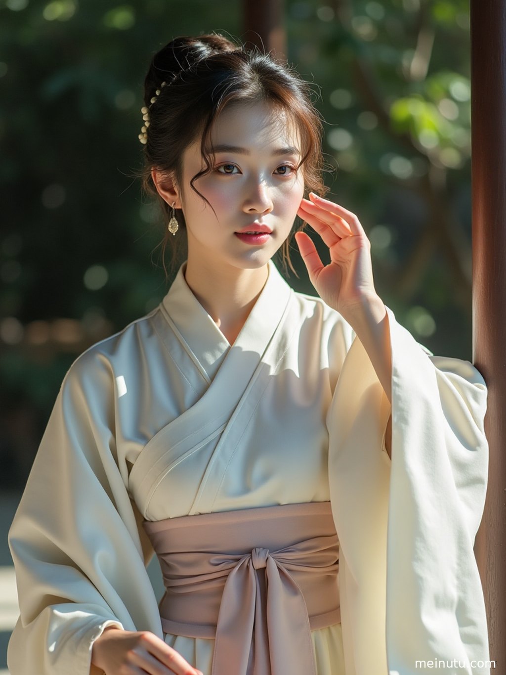 Adult woman in flowing hanfu under overcast diffused light, with a blurred background emphasizing her graceful pose.