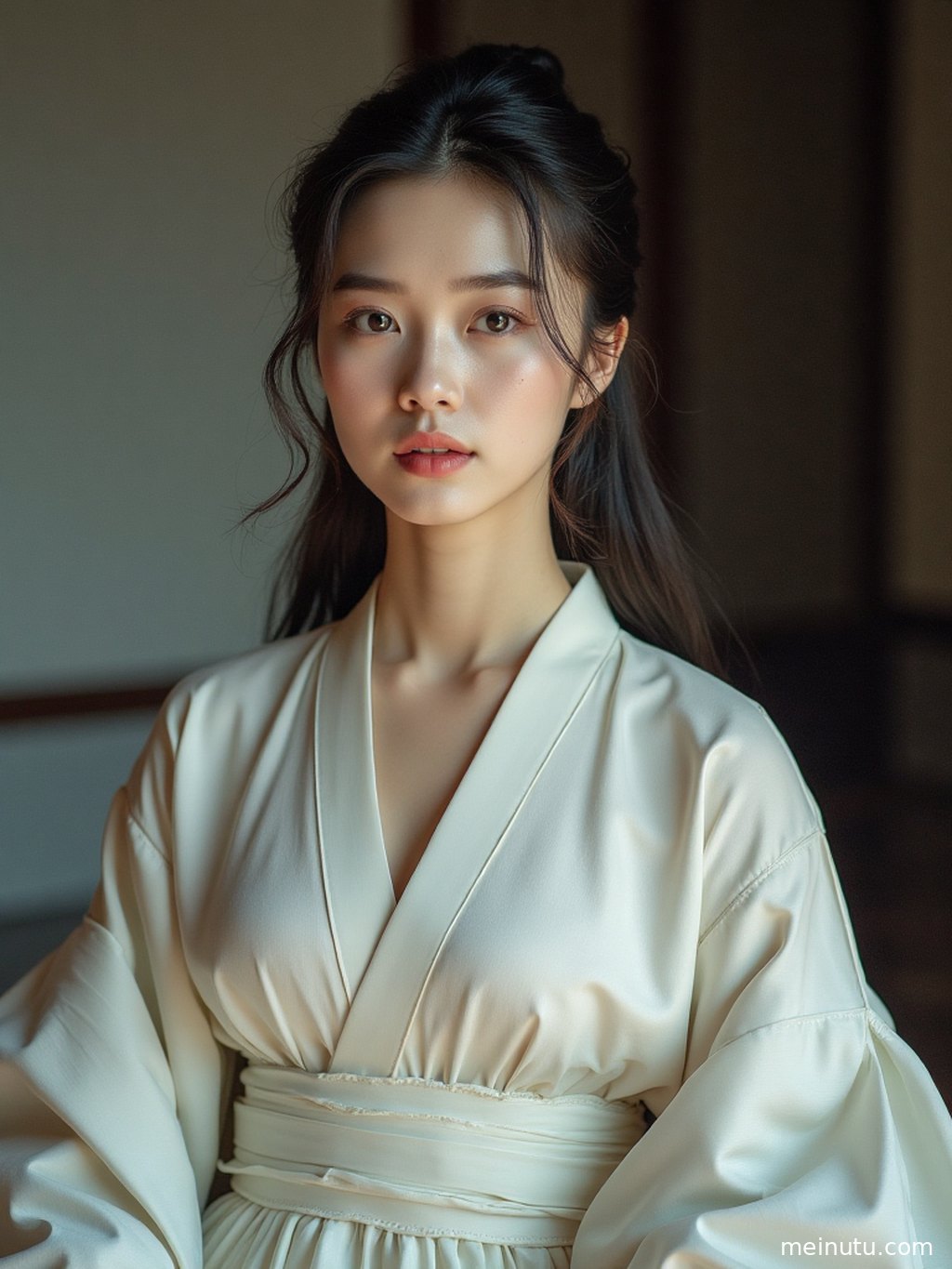 Poetic hanfu portrait with soft shadow, serene facial expression, and a classic oriental aesthetic.