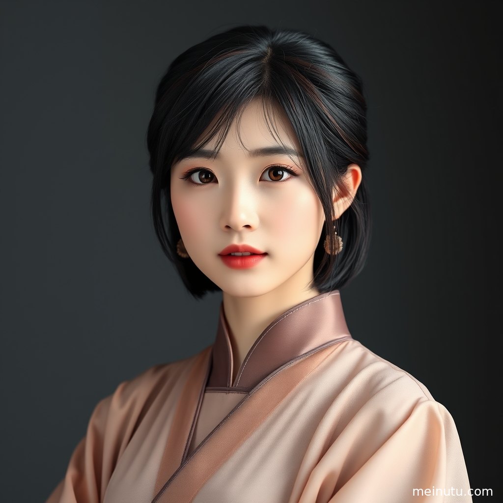 年轻成年女性身着汉服在街巷中拍摄，暖色侧光勾勒衣袖与面部轮廓。