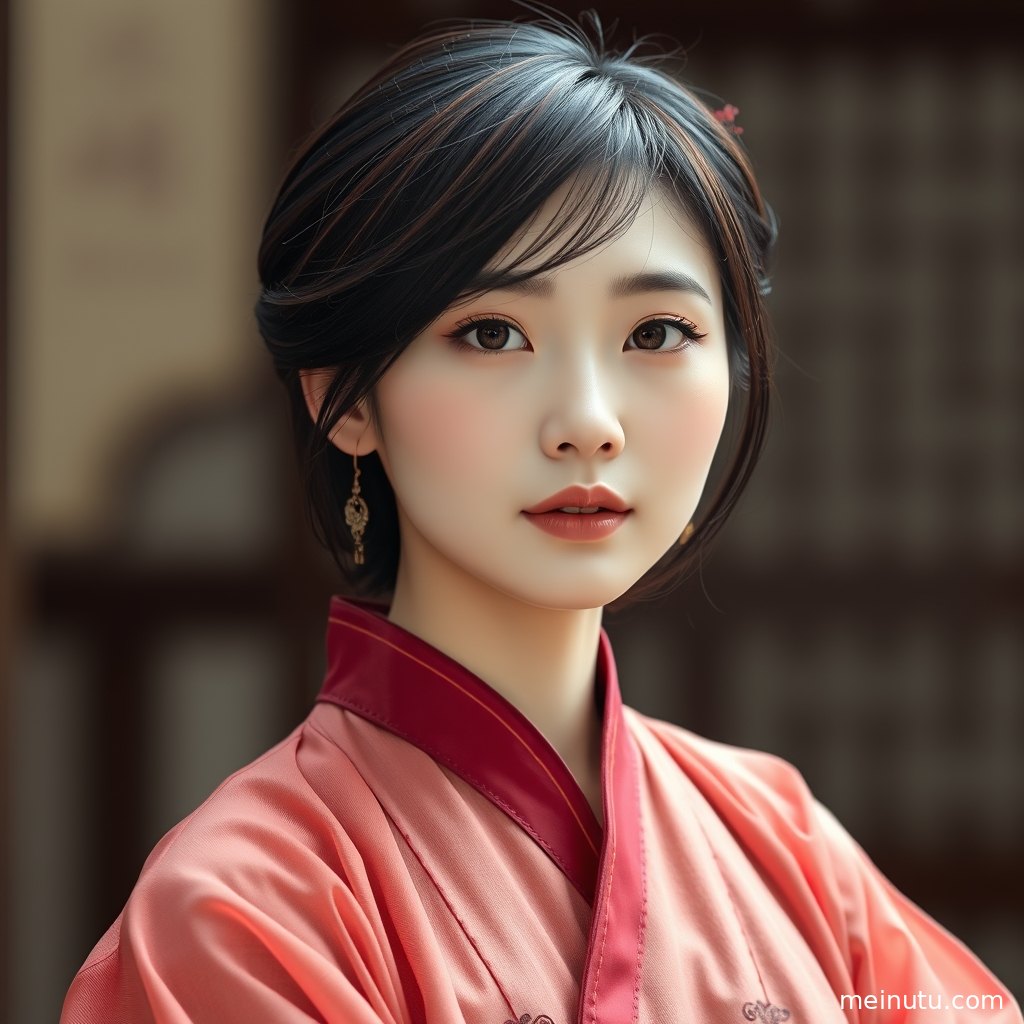 街拍场景中的汉服人像，暖色光影映照发饰与传统服饰纹理。