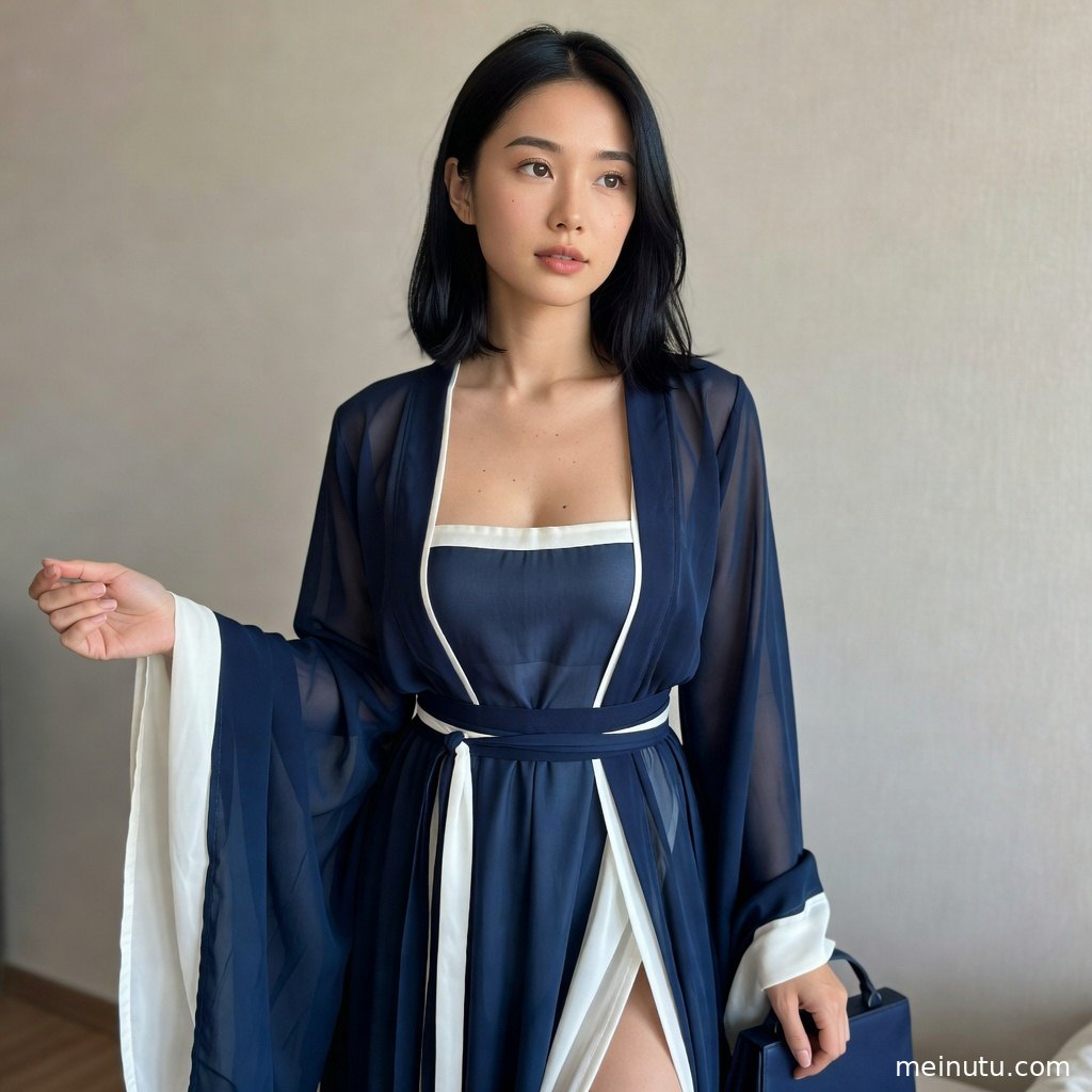 汉服美女在花木庭院中回眸，暖色逆光呈现古风写真般的温柔氛围。