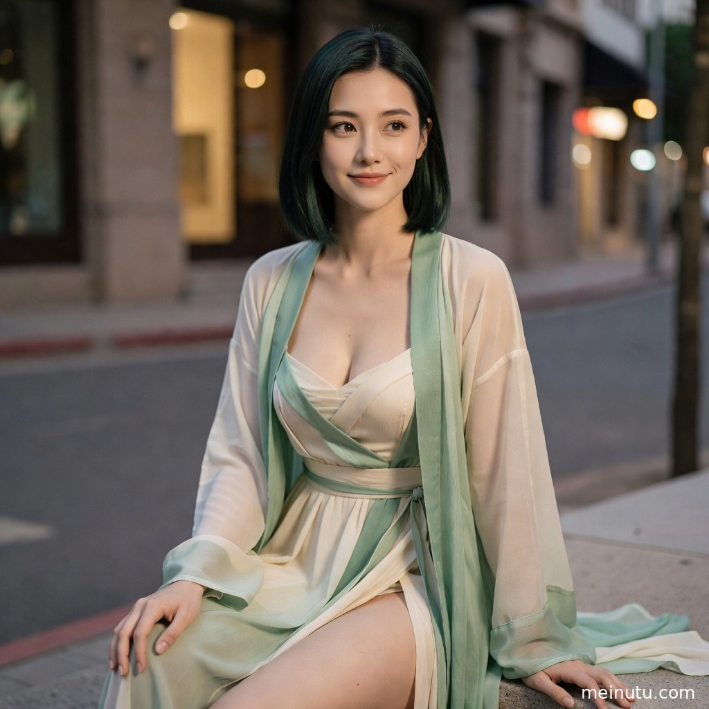 成年女子穿传统汉服站在石阶旁，全身构图展示层叠裙摆与精致刺绣。