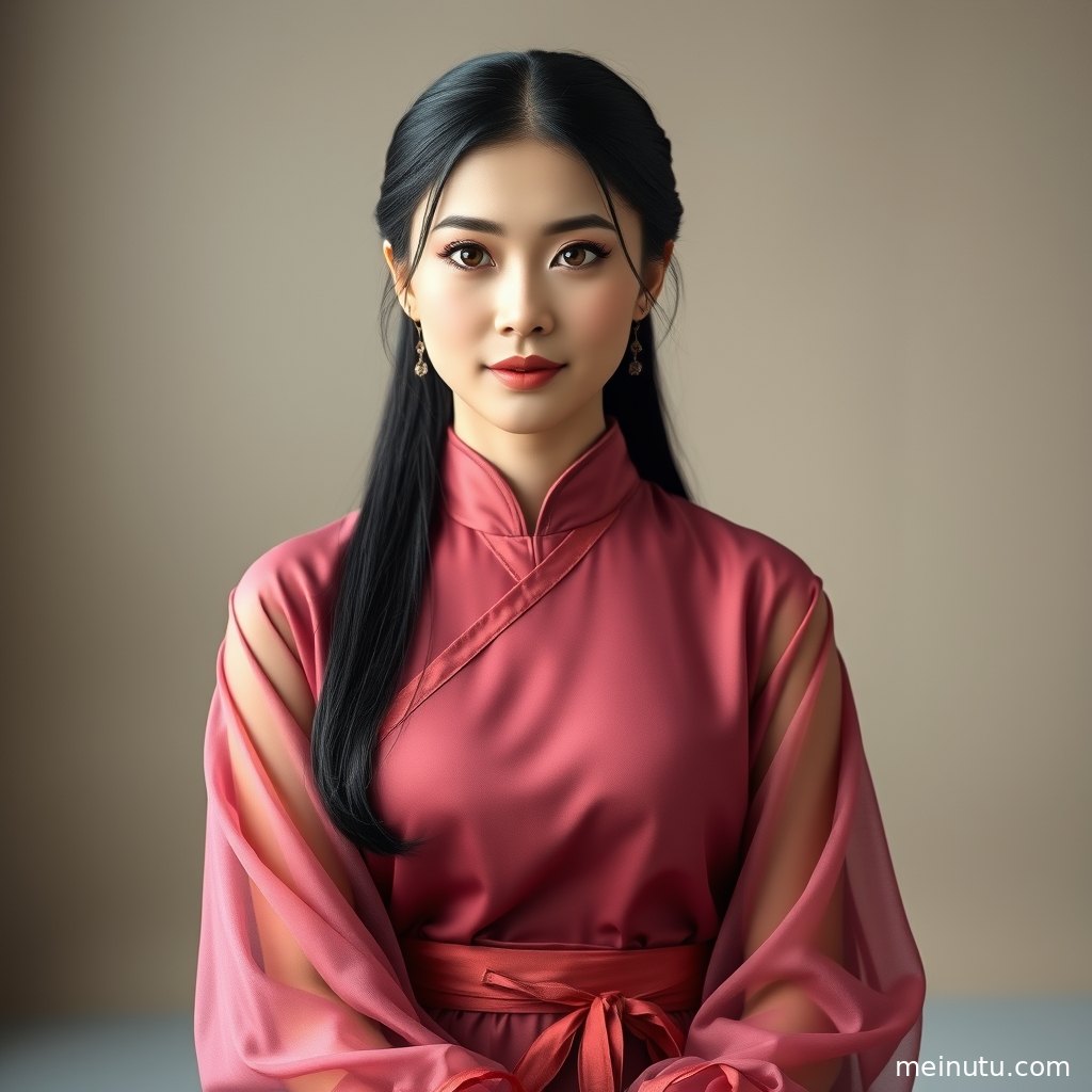 阴天漫射光下的成年女子汉服写真，宽袖与裙摆在石板路背景中形成国风层次。