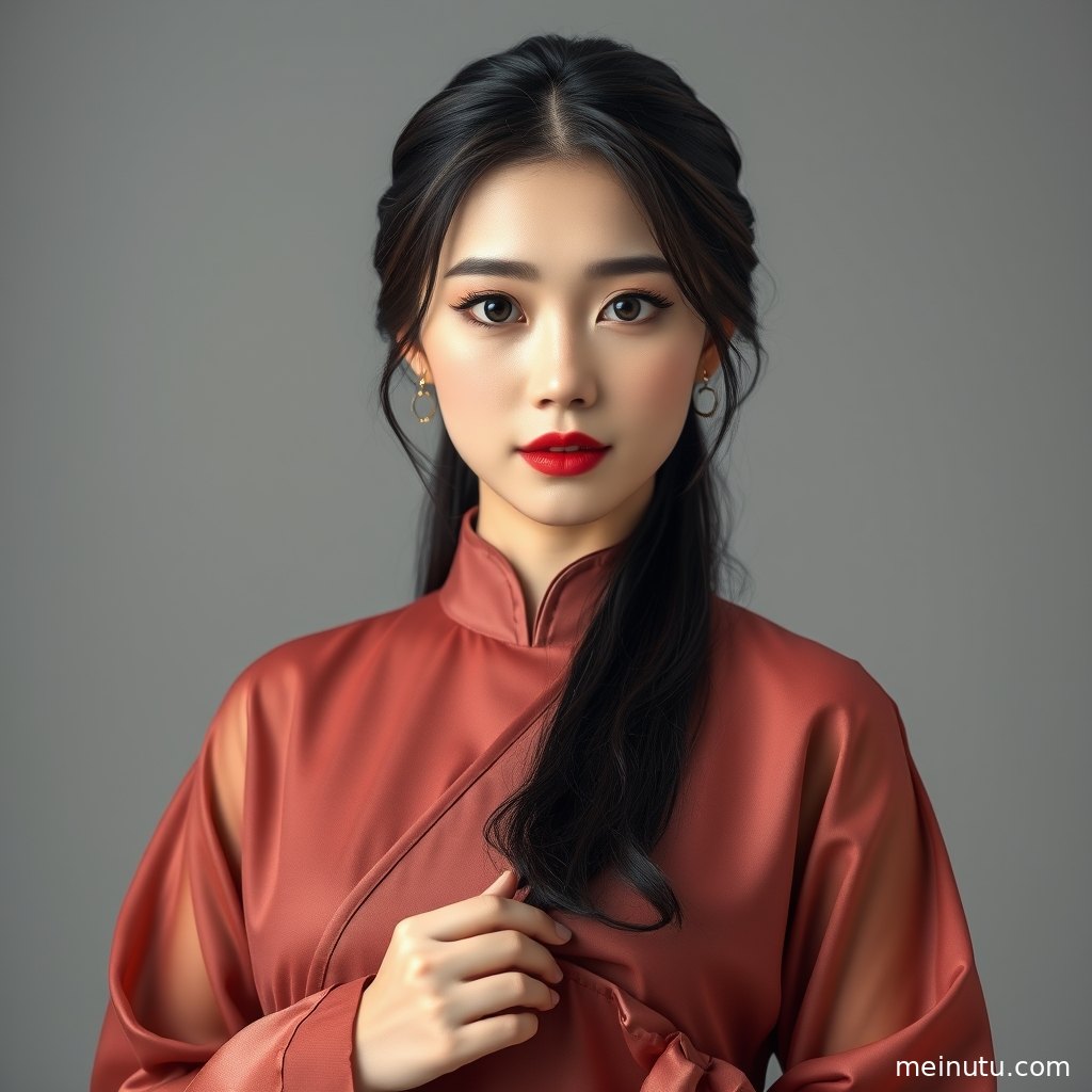 俯拍视角记录年轻成年女性汉服新娘造型图集画面，红色披帛与素雅妆容相互呼应。