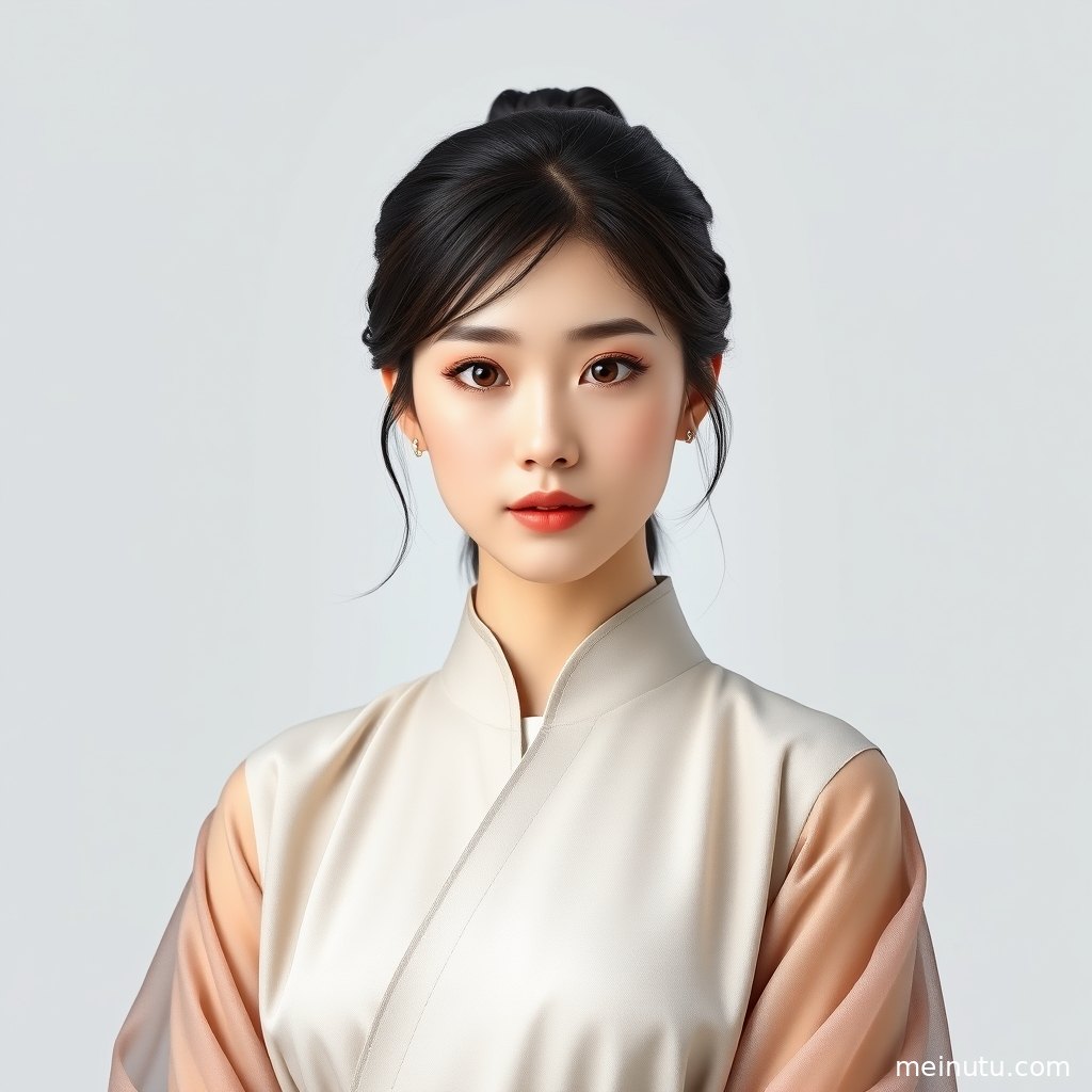 年轻成年女性手执团扇迎着柔和逆光，刺绣汉服与古典发饰清晰可见。