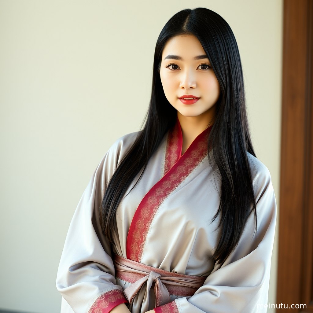 Adult Asian woman wearing ornate Chinese hanfu on a heritage-style street, captured in warm side light with a full-body composition.