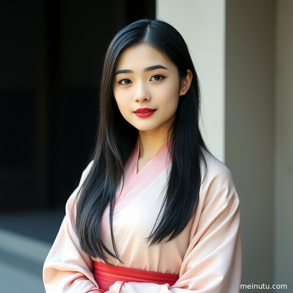Adult woman in flowing hanfu looking back gracefully, with warm side lighting emphasizing delicate makeup and layered skirt details.