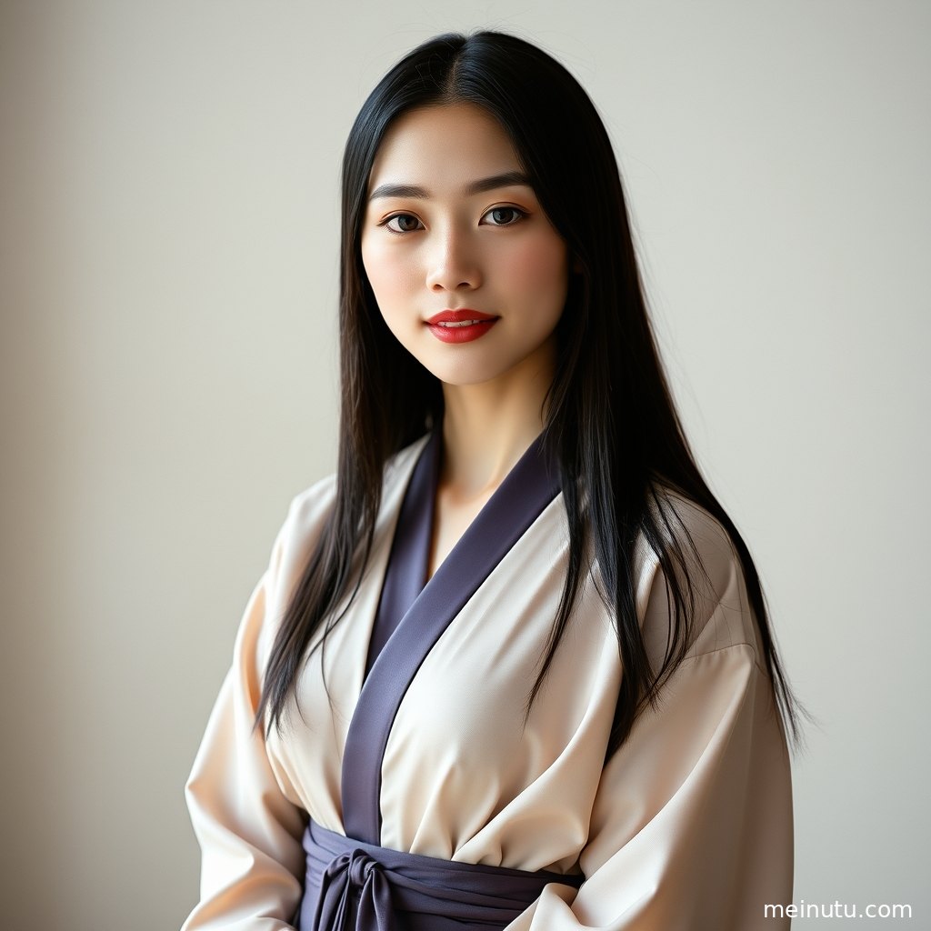 Full-body street portrait of an adult Asian woman in traditional Chinese dress, surrounded by a warm vintage atmosphere.