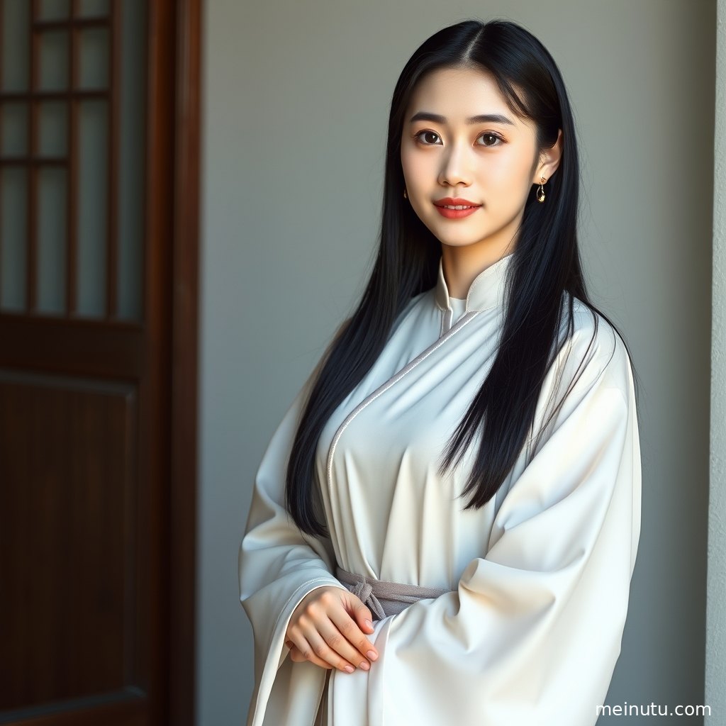 Adult Asian model in Chinese hanfu standing on a street, with dramatic warm side light creating an elegant portrait wallpaper look.