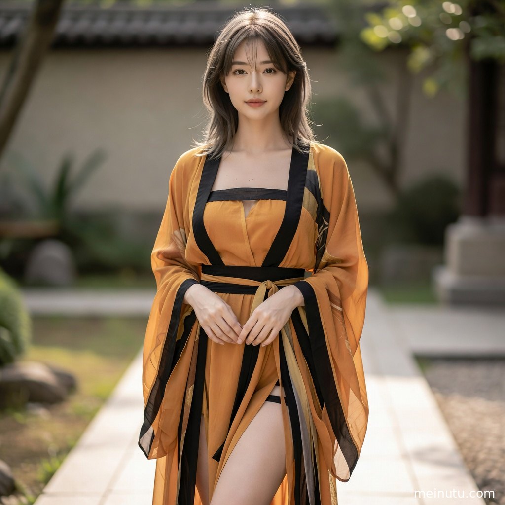 年轻成年女性身着浅色汉服立于花园花影间，清透高光勾勒精致发髻与柔和面容。