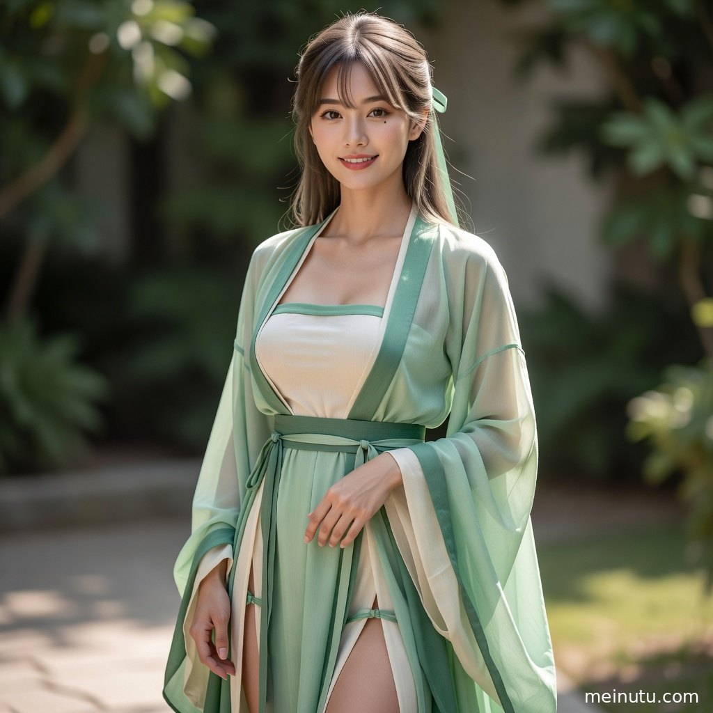 汉服造型师主题写真呈现侧身回眸姿态，轻纱衣摆与庭院绿意营造温柔国风氛围。