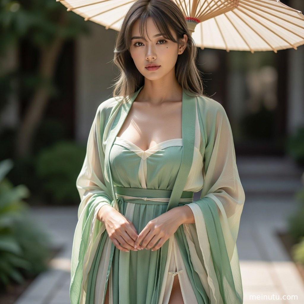 年轻成年女性手持团扇站在花园小径旁，汉服层叠纹理在明亮光线下细腻清晰。
