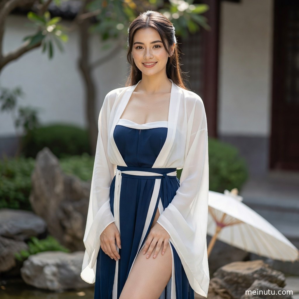 年轻成年女性身着浅色汉服立于花园中，清透高光勾勒盘发与精致发饰。