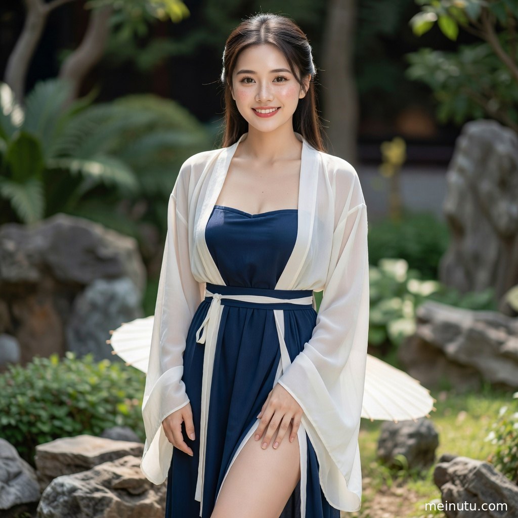 汉服造型师写真展示侧身回眸姿态，花园绿意与柔和浅景深营造清雅氛围。