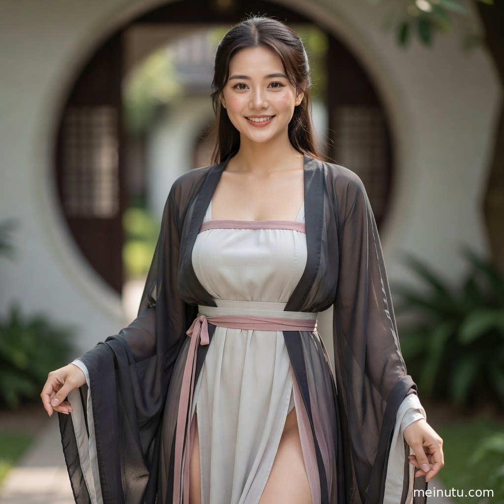 汉服美女在花园小径旁回望镜头，通透画质呈现古风造型细节。
