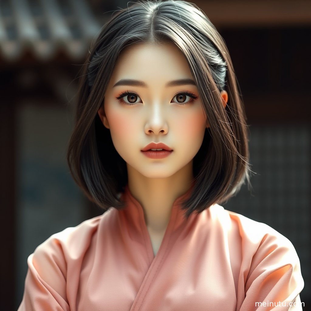 年轻成年女性身着浅色汉服立于窗边，电影感光影勾勒侧身回眸。