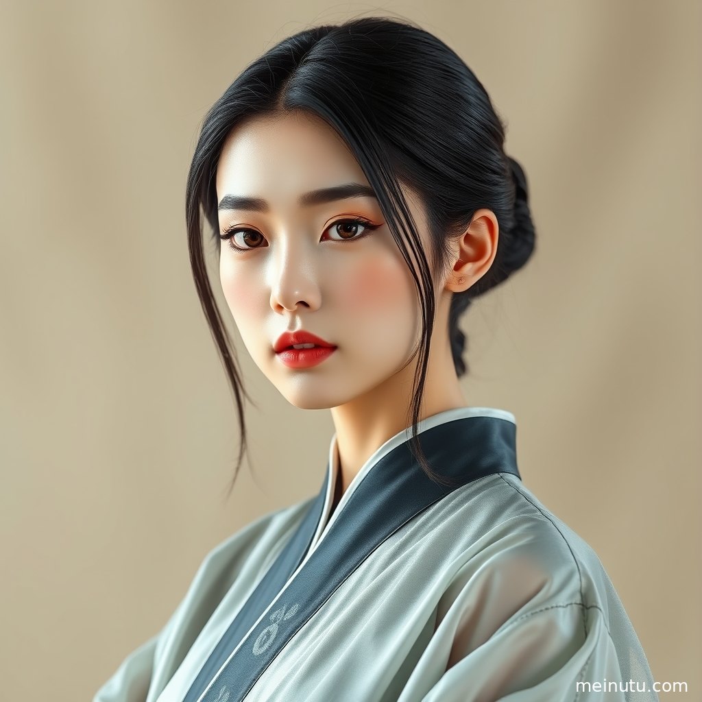 汉服美女在木窗前静立，柔和侧光呈现古风写真氛围。