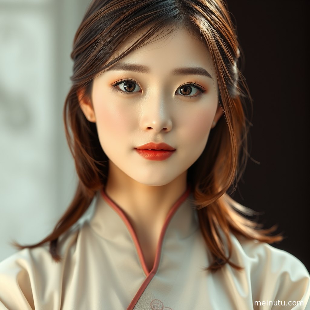 汉服美女在暖色侧光中回望，层叠长裙与精致发饰呈现国风写真质感。