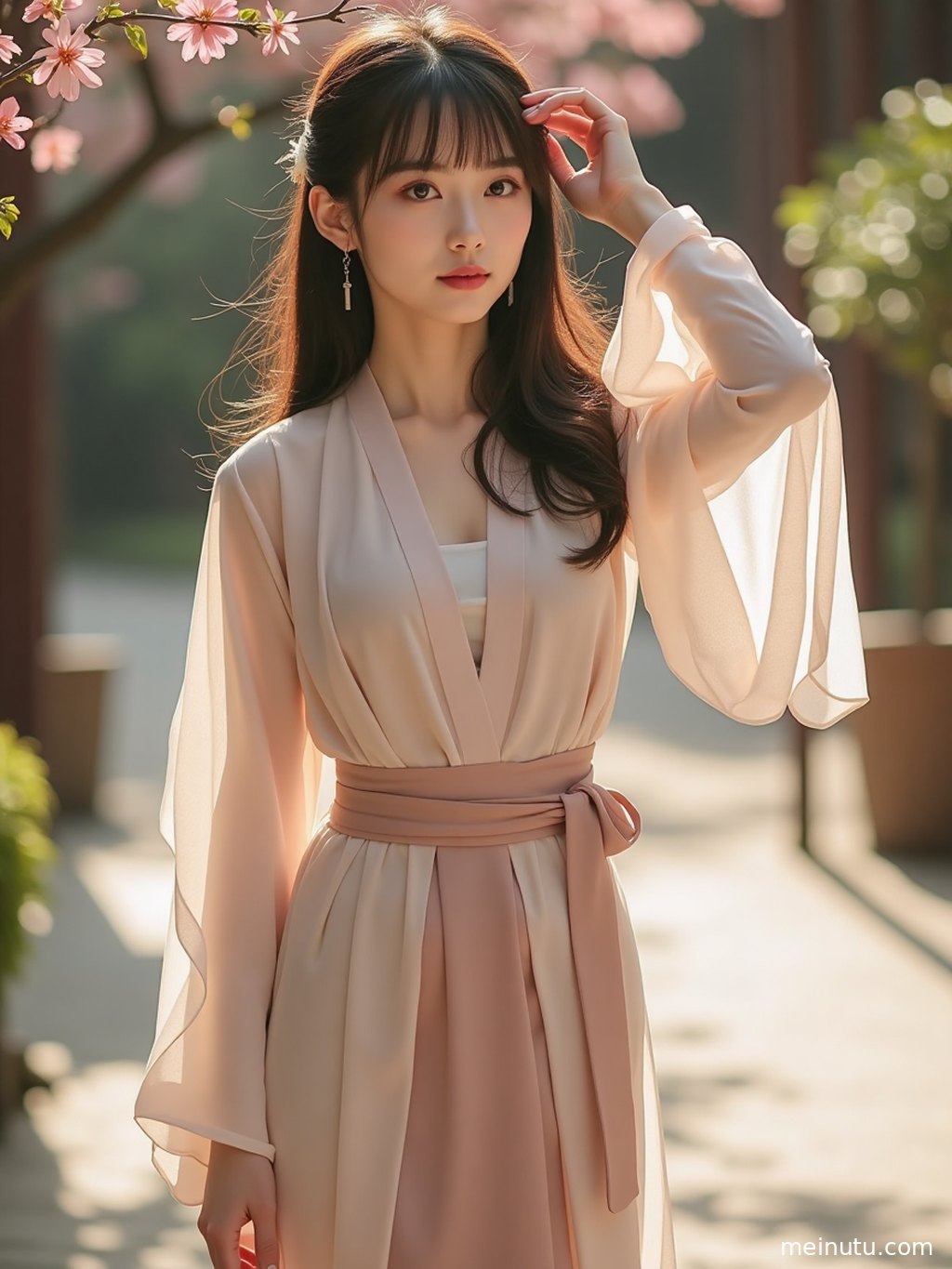 Adult woman in Chinese hanfu posed in a minimal studio with soft natural light shaping the elegant silhouette.
