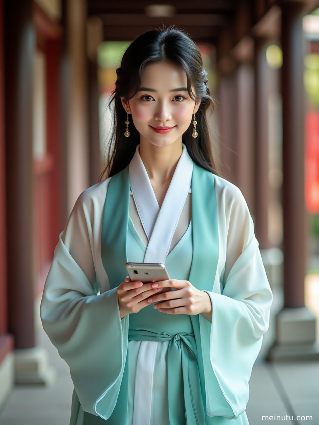 Close-up hanfu photoshoot detail showing delicate fabric texture, embroidery-inspired styling, and flowing sleeves.