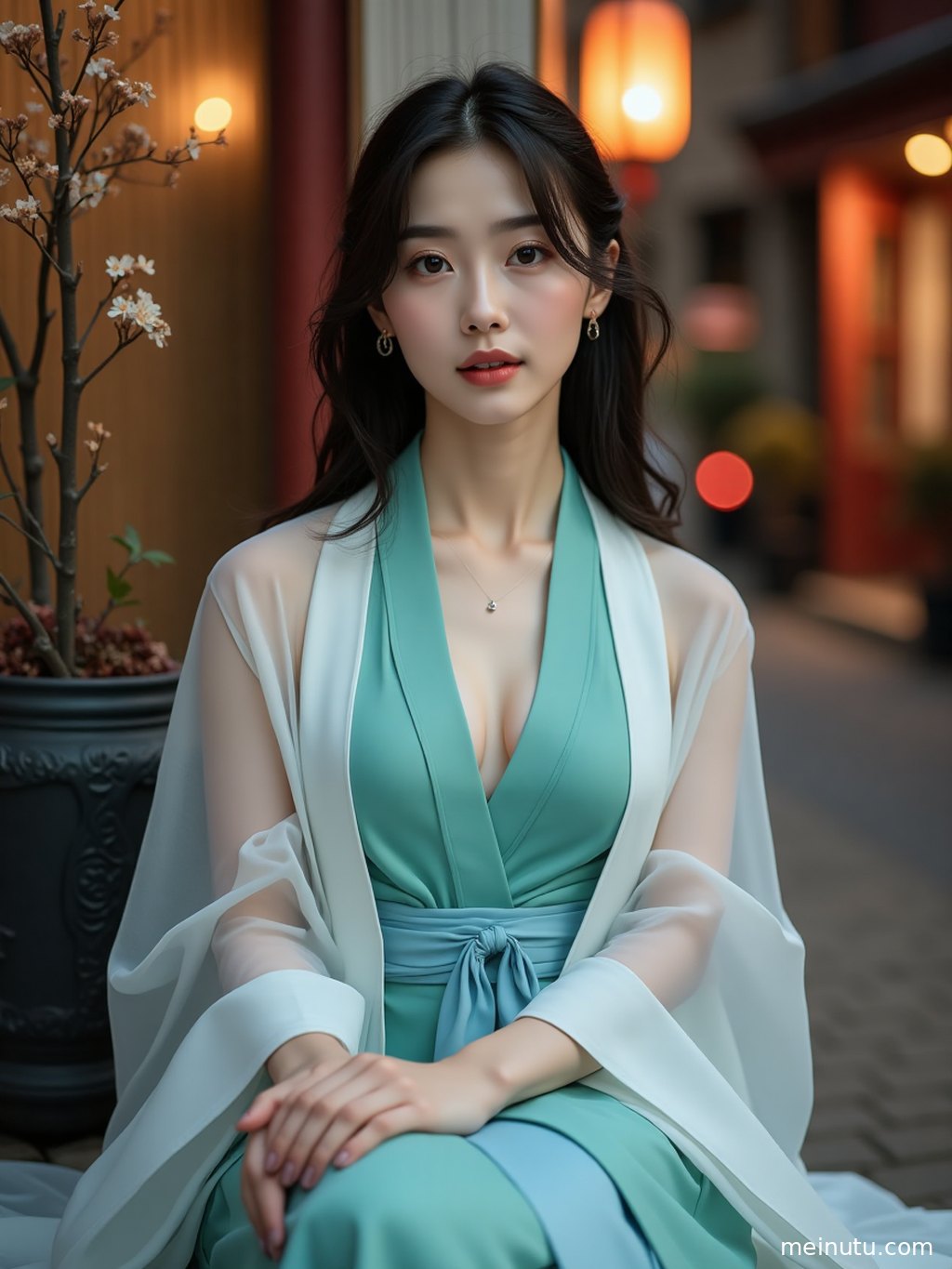 Full-body chinese hanfu portrait against a clean studio background, emphasizing graceful movement and refined styling.